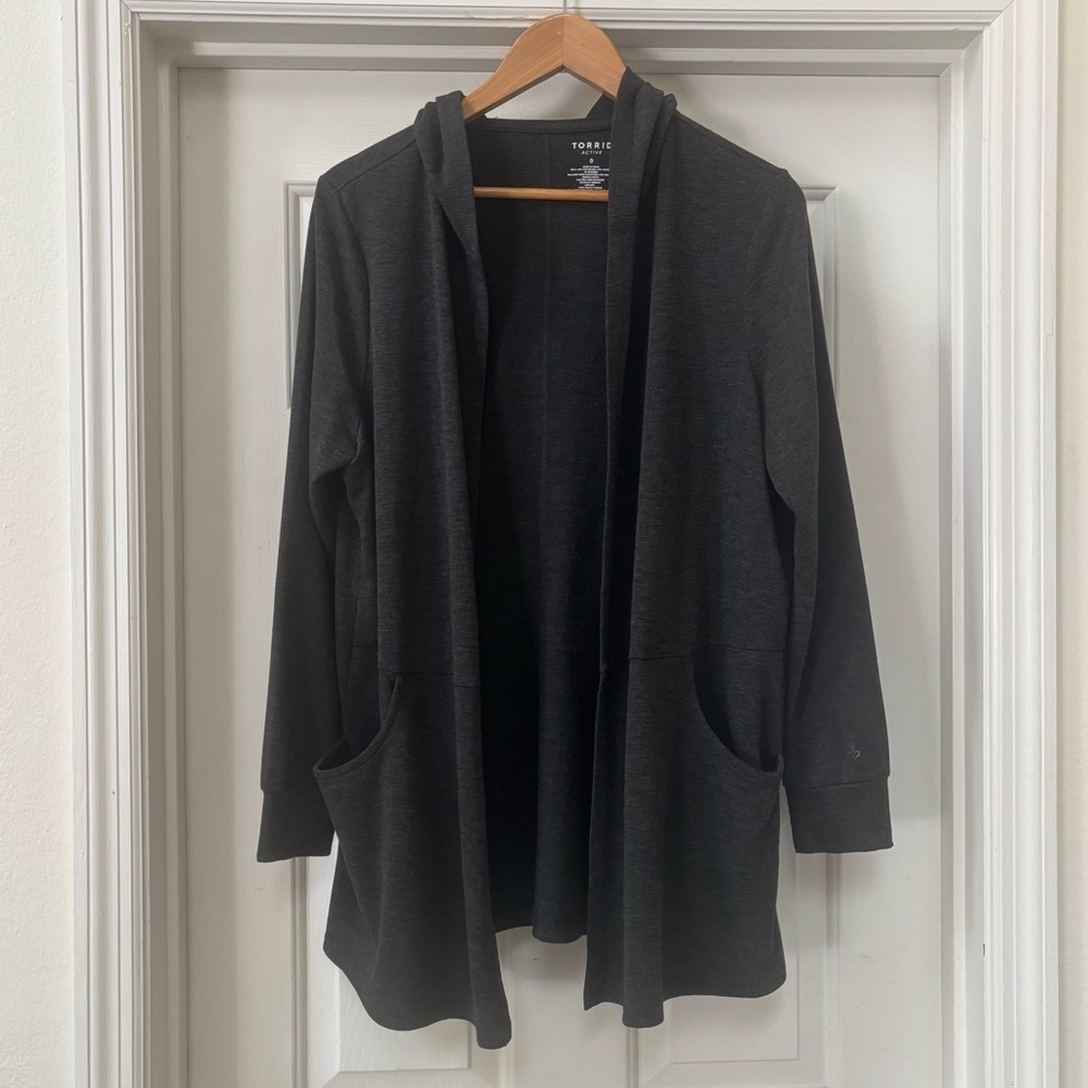 Torrid Active Gray Hooded Open Front Cardigan With Pockets Size 0 (0X)